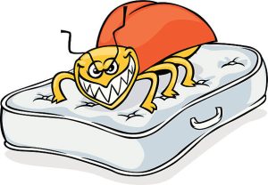 cartoon illustration of a bed bug on a mattress